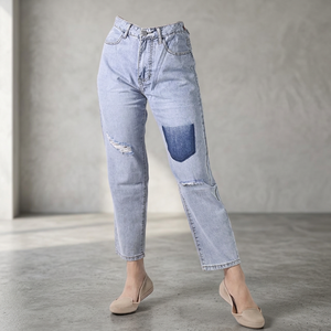 Jean ample vintage en denim 100 % coton pour femme, coupe droite, déchiré, jambe large, taille haute, rivets, extensible, délavage foncé ou clair - Product Image 2