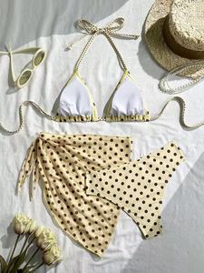 <b>Women</b> Polka Dot Bikini Set With Wrap <b>Skirt</b> Sexy Halter Top Plunge Bra Spandex Polyester Swimwear - Product Image 6