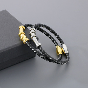 Pulsera de hebilla magnética de acero inoxidable que combina con todo para hombre, brazalete de moda de cuerda de cuero de bambú tejido AliExpress transfronterizo - Product Image 3