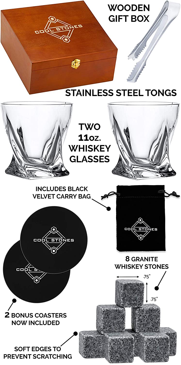 Whiskey Stones Gift Set 2 Twist Tumbler Glasses cocktail glasses wooden box