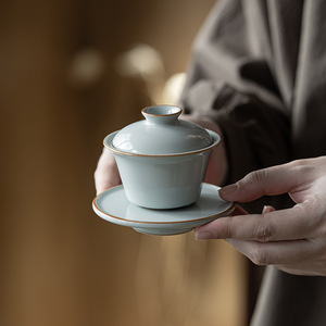 Guanlan Ru Kiln Gaiwan <b>Teacup</b> Sky Blue Porcelain Three Piece Set For Kung Fu Tea - Product Image 1
