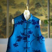 Gilet personnalisé pour femme, nouveau style chinois, bleu, col montant, simple boutonnage, en velours de soie Zhang, modèle 5435