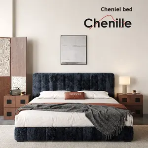 Cama Moderna y Sencilla de Chenilla con Respaldo Alto, Acolchado Suave, Estructura de Madera de Pino, Tamaño Doble, para Dormitorio Moderno, Decoración del Hogar - Product Image 2