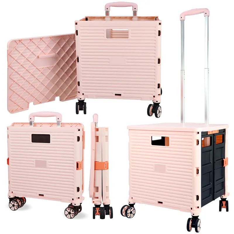 Portable épicerie rose AV stockage en plastique pliant Mini chariot caddie chariots avec quatre roues