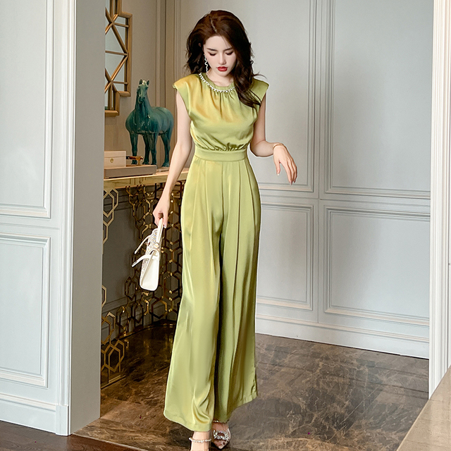 ZYHT 50111 Office Ladies Loose Pants Wide Leg Elegant Jumpsuits Custom Design Solid Diamond One Piece Jumpsuit for Women