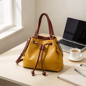 Bolso de mano tipo cubo con cordón para mujer, de piel sintética suave, con asa superior en color contrastante y correa de hombro extraíble - Product Image 3
