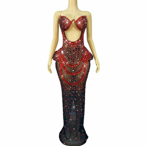 Abito lungo sexy dorato con spalline sottili, cut-out <span class=keywords><strong>e</strong></span> cristalli, aderente, con strass, in rete trasparente, ad asciugatura rapida, per donna, costume da palcoscenico, da <span class=keywords><strong>sera</strong></span> - Product Image 4