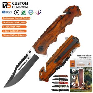 Couteau de poche pliable tactique de survie EDC de haute qualité en acier inoxydable avec manche en bois, brise-vitre et coupe-ceinture - Product Image 1