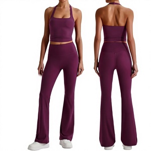 Ensemble de yoga taille haute pour <span class=keywords><strong>femme</strong></span>, effet ventre plat et lifting des fesses, sensation seconde peau, haute extensibilité, pour la gym et le fitness, comprenant un pantalon évasé et un soutien-gorge - Product Image 1