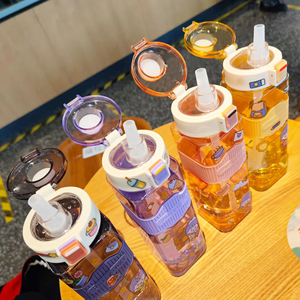 Appearance Square Eco-Friendly PC Plastic Water <b>Bottle</b> with Straw Portable Rope Design for Children Outdoor Sports Fitness - Product Image 2