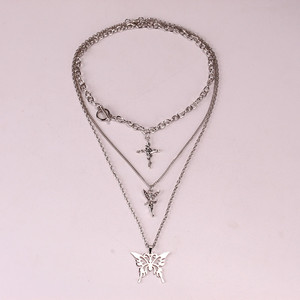 Collier superposé tendance avec pendentif papillon en chaîne argentée, chaîne de pull rétro multicouche, bijoux en argent tibétain au design géométrique - Product Image 4