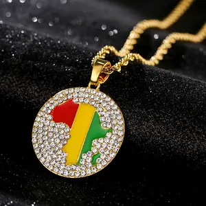 Stainless Steel 18K Gold Rhinestone Hip Hop Africa Guinea Map Pendant Necklace For Men And Women Crystal Guinea Flag Necklace