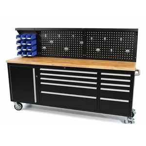 84 inch Garage Storage Heavy Duty Rolling Tool Box Cabinet with lock and Wooden Worktop