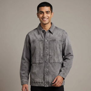 Contrasting colors <b>jacket</b> for <b>men</b> grey washed denim button up <b>jacket</b> vintage casual outerwear <b>long</b> sleeve trucker style fashion - Product Image 1