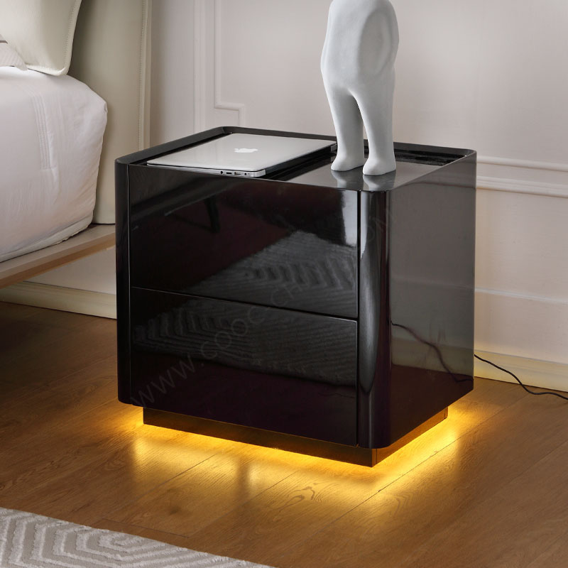 โต๊ะข้างเตียงไม้สีดำ LED แบบมินิมอลลิสม์ทันสมัย nightstand อัจฉริยะพร้อมที่ชาร์จ