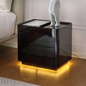 Modern Minimalist Led Black Bedside Table Wooden Smart Nightstand with Charging Station