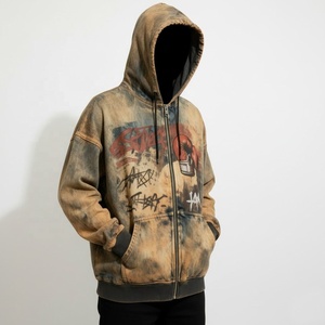 Erkek özel Retro Trendy Denim Hoodie sokak Hip-Hop ağır asit yıkama boks eldiveni Graffiti baskı sıkıntılı yıkanmış % 100% pamuk - Product Image 2