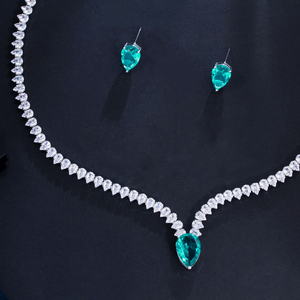 Ensemble de bijoux élégant pour <span class=keywords><strong>femme</strong></span>, collier et boucles d'oreilles en cristal CZ vert clair en forme de goutte d'eau, pour fiançailles, fête ou costume - Product Image 4