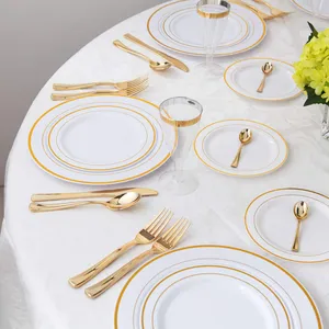 Set da tavola in oro da 600 pezzi Set da 100 piatti per ospiti piatti in plastica insalata piatti in oro Set di posate in plastica dorata tazze