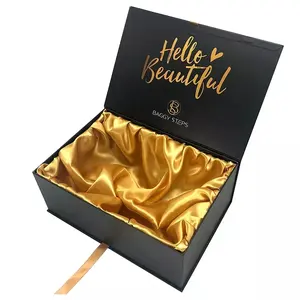 Luxe Zwarte Handtas Schoenen Gift Box Met Magnetische Deksel Afdrukken Logo Custom Cosmetica Beauty Doos Karton Met Satijn En Lint