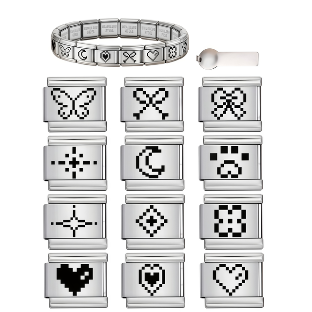 Factory Bulk Retro Pixel Pattern Italian Link Charms 9mm Electroplated Stainless Steel Black Enamel Heart Bow Moon Paw Bracelet