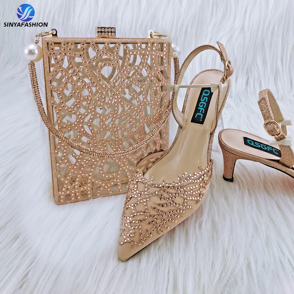 Orange Color Italian Design Shoes And Bag Set High Heel Women New Shoes Matching Bag Set With stones