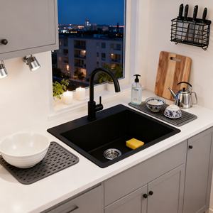 42인치 블랙 언더마운트 싱글볼 싱크대 항균 코팅 높은 백스플래시 방수 모던 키친용 - Product Image 2