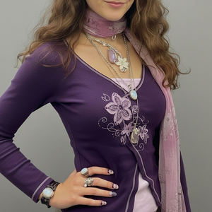 Camiseta Elegante de Manga Larga con Efecto de Dos Piezas y Bordado Vintage para Mujer, Cuello en V, Ajuste Delgado, Estilo Urbano - Product Image 5