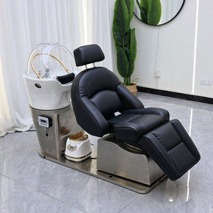 Nuevo Modelo 2023, Sillas de Champú Eléctricas Modernas con Base de Acero Inoxidable Plateado y Tapicería de Cuero PU Negro, Altura Ajustable, Comerciales - Product Image 1