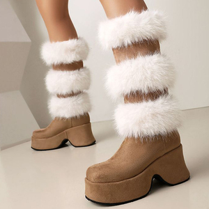 Botas de plataforma altas de piel sintética para mujer, con tacón de cuña, forro de peluche, hasta la rodilla, de ante, gruesas y peludas, para invierno y nieve. - Product Image 1