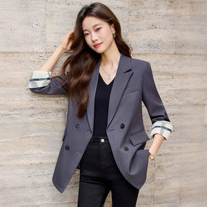 Women's Grey Blazer With Turn Up Sleeve Solid Color Polyester Anti-Wrinkle Professional Casual Commuting Top - Product Image 1
