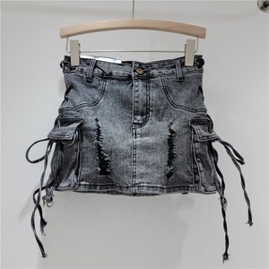 2024 Primavera Verano faldas de mezclilla para mujer bolsillos sólidos Vintage A-line cintura alta <span class=keywords><strong>Cargo</strong></span> Mini falda - Product Image 4