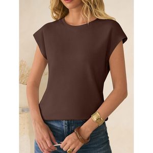FOXA Haut à manches courtes en tricot gaufré pour femme, t-shirt basique décontracté à manches courtes, hauts d'été pour le travail et les vacances - Product Image 2