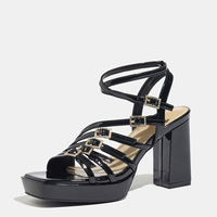 Sepatu Platform Hak Tebal Persegi Hitam Mengkilap Trendy, Ringan, Nyaman untuk Klub, dengan Tali Pergelangan Kaki Kristal Multi dan Gesper, Cocok untuk Jalan-Jalan dan Malam Hari