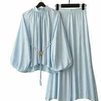 Ensemble décontracté bohème 2 pièces pour femme : haut en mousseline à col volanté, manches lanternes et jupe longue en dentelle, couleur unie, coupe classique pour l'automne
