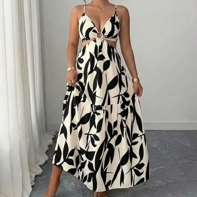 OEM Leaf Print Maxi Dress Sexy O-Ring Cut Out Spaghetti Strap Backless Bow Tie Summer Beach Dresses Private Label Resort Wear