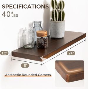 Ensemble de 2 <span class=keywords><strong>étagères</strong></span> flottantes en bois de noyer rustique de 24 pouces, <span class=keywords><strong>étagères</strong></span> murales robustes de 8 pouces de profondeur avec support invisible - Product Image 2