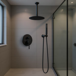 Sistema combinado de ducha de mano y de techo redondo de 10 pulgadas en negro mate con efecto lluvia para baño - Product Image 2