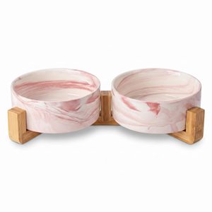 Platos de Cerámica para Perros y Gatos, Juego de Platos para Comida y Agua para Mascotas, con Soporte de Madera para Interiores - Product Image 1