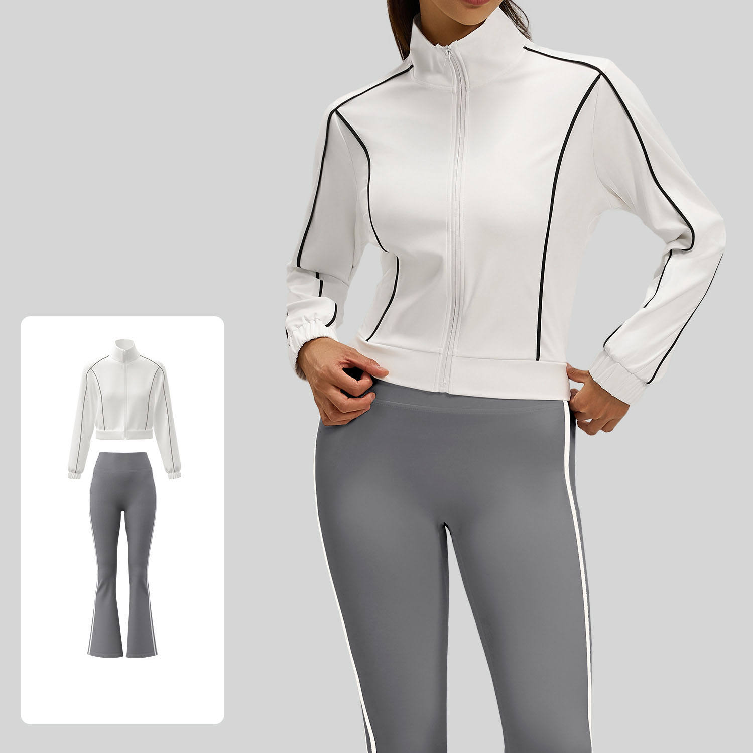 เสื้อสีขาว + กางเกงสีเทา
