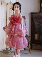 Tenues d'été pour filles 2026 Nouvelle robe de princesse mi-longue en fibre de polyester style fugitive, dos nu, motif floral, pour anniversaire