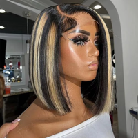 Peluca Bob Liso Doble Trama Sin Pegamento de Cabello Humano para Peluca Frontal de Encaje con Reflejos, Cabello Brasileño Virgen HD Completo