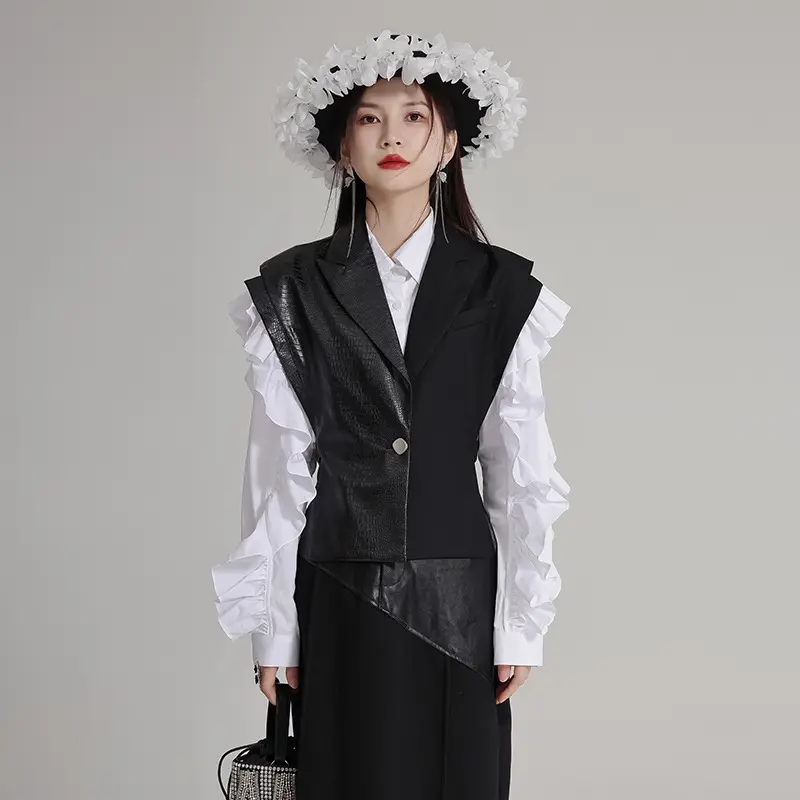 Desainer 2024 Model baru wanita jaket kulit katun hitam dengan rompi tambal sulam setelan kecil koleksi pinggang atasan untuk dewasa
