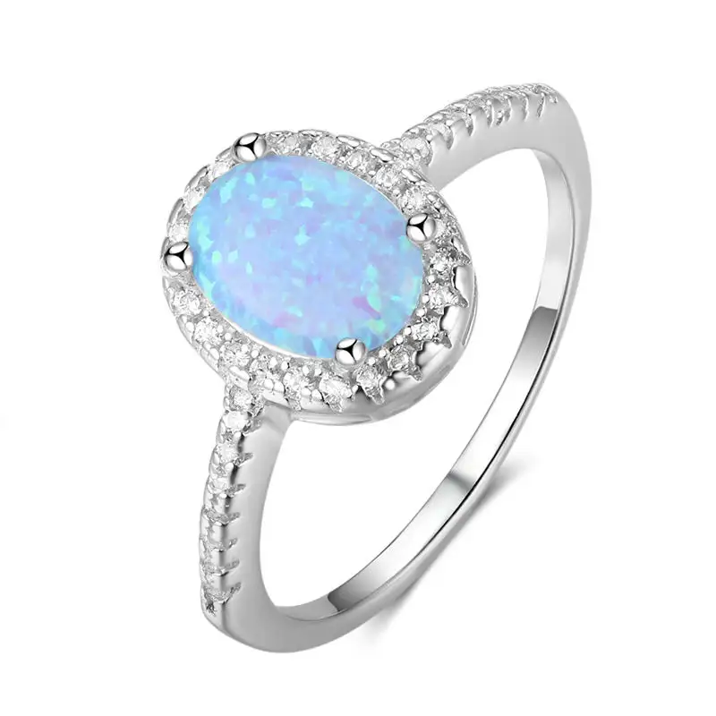 Toptan oluşturulan Oval mavi Opal taş nişan yüzüğü CZ sarılmış 925 ayar gümüş takı aksesuarları yüzükler