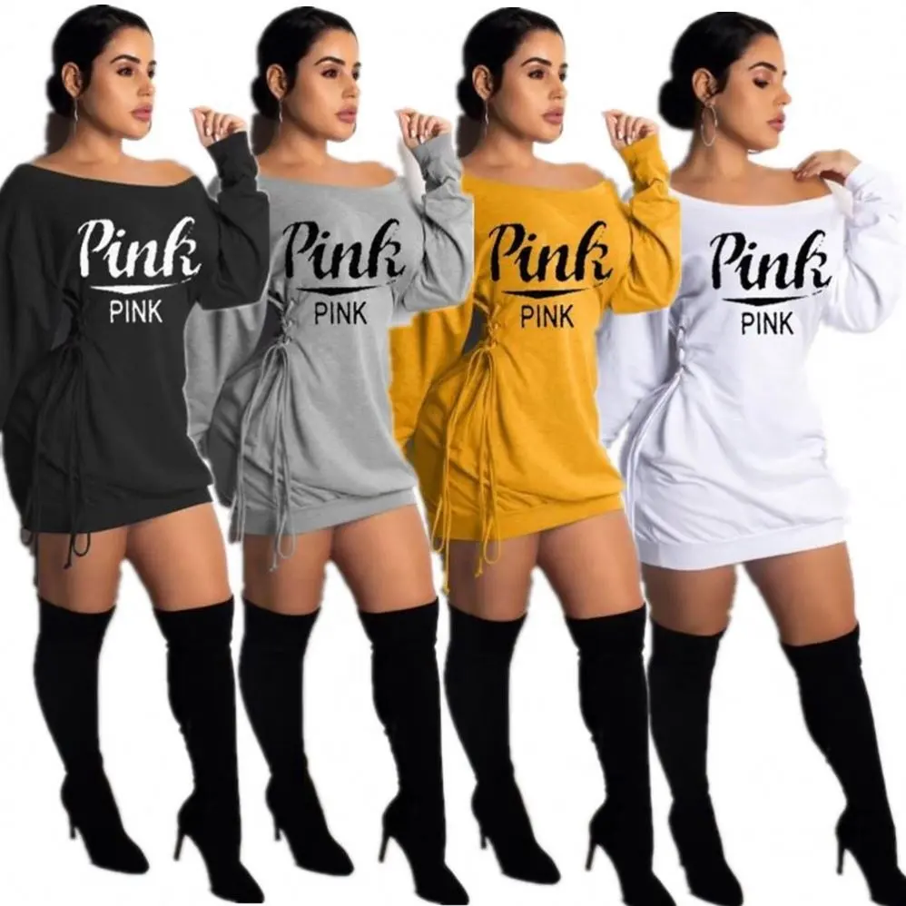 2022 New arrivals Trending Spring Winter Pink Letter Print Sexy Strapless Long Sleeve Dresses Women Casual woman clothing