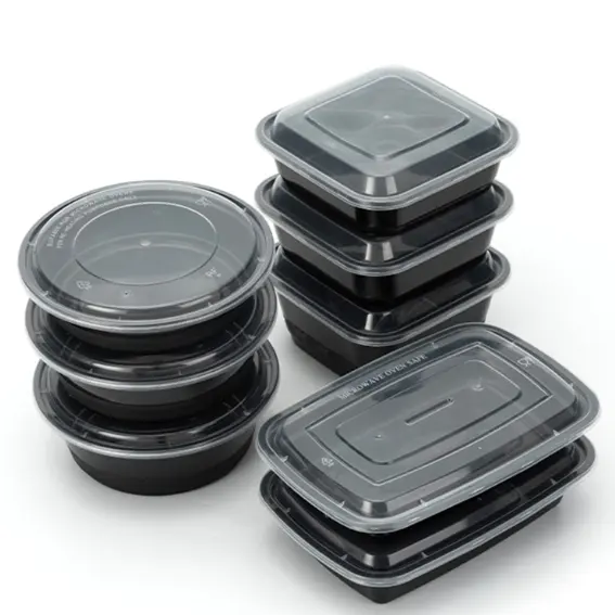 Tek kullanımlık paket plastik PP siyah dikdörtgen yuvarlak bölmeler yemek kabı kase mikrodalga gıda konteyner