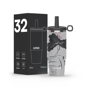 Tumbler kopi 32oz desain kustom botol air baja tahan karat cangkir vakum perjalanan terisolasi untuk generasi muda