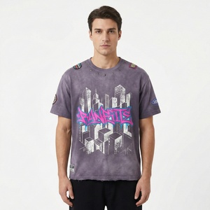 Camiseta de hombre estilo streetwear vintage lavada con estampado de grafiti desgastado, proveedor líder, camiseta oversize de algodón 100% de alto gramaje - Product Image 1