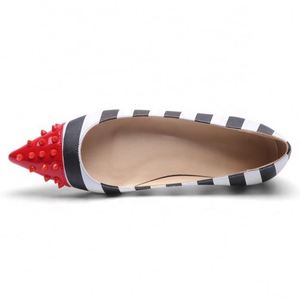 Latest Design Women Flat Dress Shoes Pointy Toe <b>Black</b>&White Stripe Rivets Studs <b>Pump</b> Shoes Office Lady Work Dating Shoes - Product Image 5