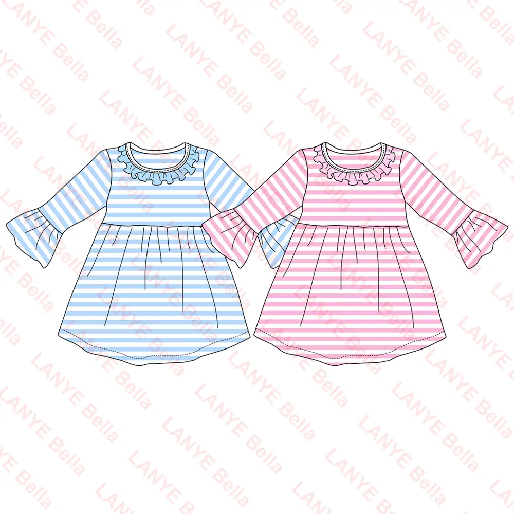 LANYE Baby Girls Striped Long Sleeve Dresses Children Toddler Girl Valentine's Day Pink Bell Sleeve Dresses
